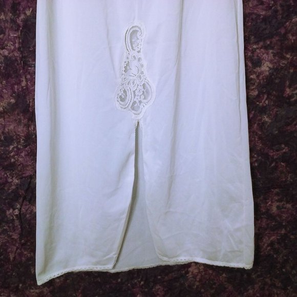 Vintage 70s-80s Lingerie Long Half Slip -M(8/10) Lace Inset Slit Comfort Waist - Picture 4 of 7